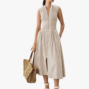 Chic Beige Midi Dress with Gathered Waist